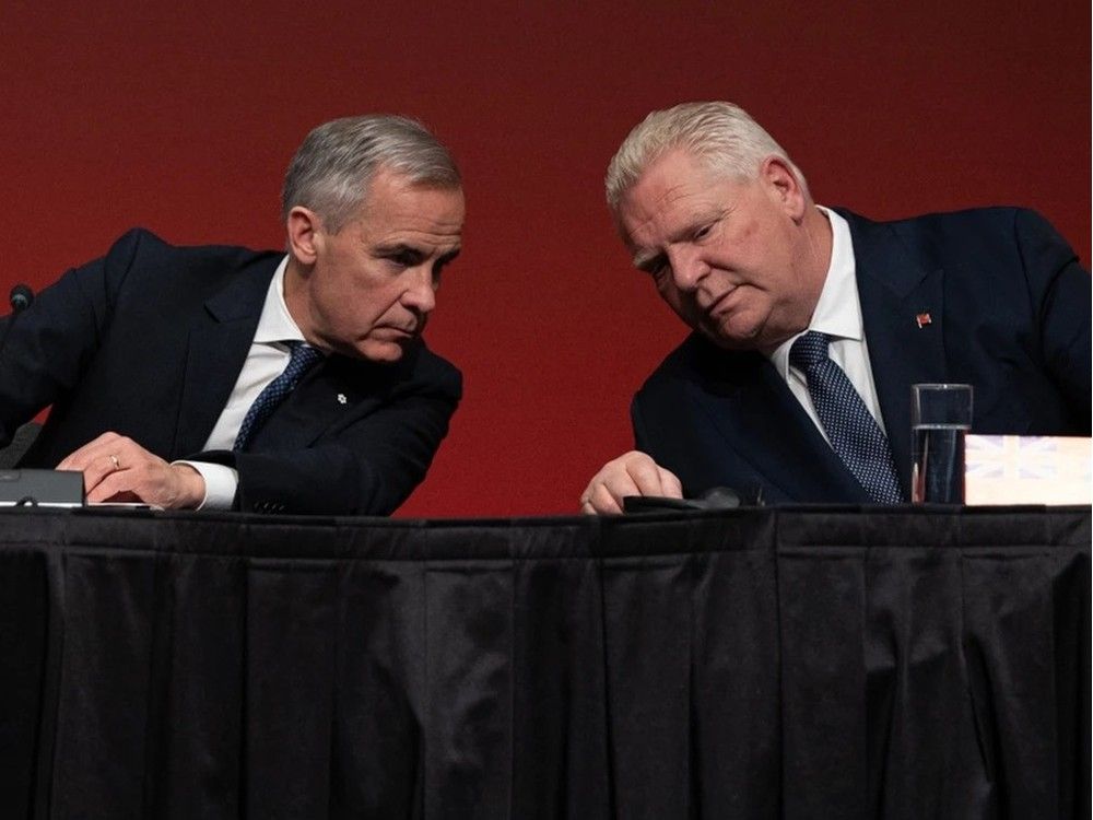 Prime Minister Mark Carney, left, and Ontario Premier Doug Ford hold a press conference after a first ministers' meeting in Saskatoon on June 2. Prime Minister Mark Carney, left, and Ontario Premier Doug Ford hold a press conference after a first ministers' meeting in Saskatoon on June 2.