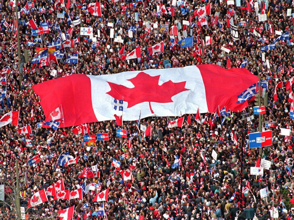 A crowd in as thousands streamed into Montreal from all over Canada to join Quebecers rallying for national unity three days before a referendum on secession in Quebec, Oct. 27, 1995. A crowd in as thousands streamed into Montreal from all over Canada to join Quebecers rallying for national unity three days before a referendum on secession in Quebec, Oct. 27, 1995.