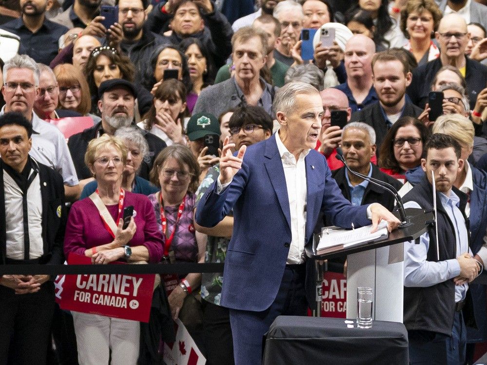 Prime Minister of Canada Mark Carney speaks to supporters during a rally on April 23, 2025 in Surrey, Canada. 