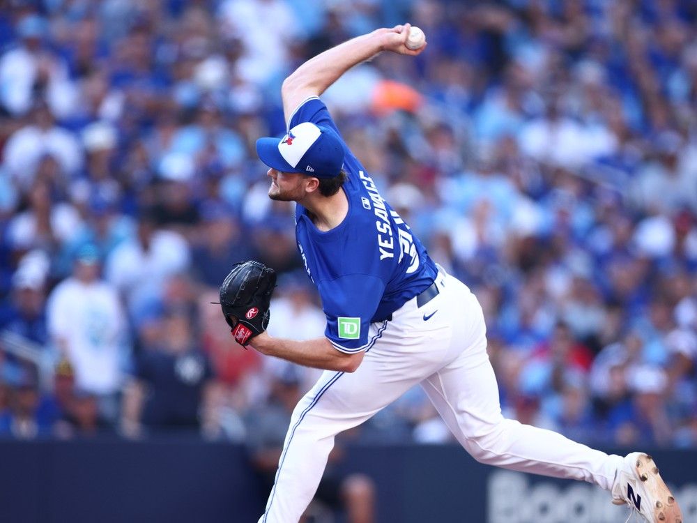 Trey Yesavage’s average arm angle at release point is 63 degrees, second-highest among MLB starters. Trey Yesavage’s average arm angle at release point is 63 degrees, second-highest among MLB starters.