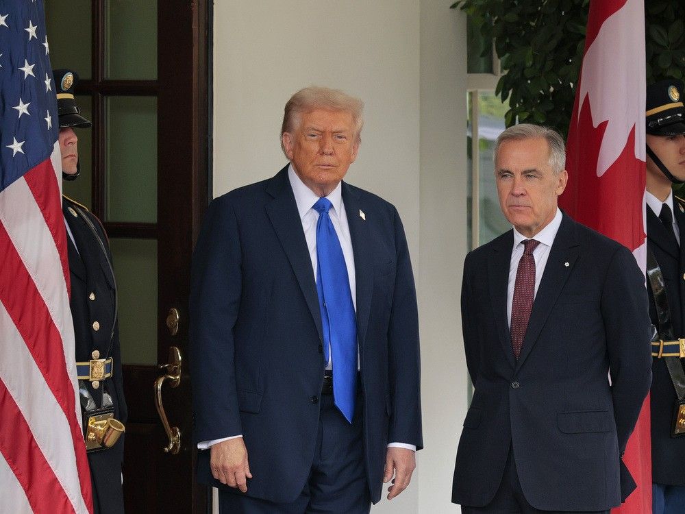 U.S. President Donald Trump welcomes Canadian Prime Minister Mark Carney to the White House on October 07, 2025 in Washington, DC.