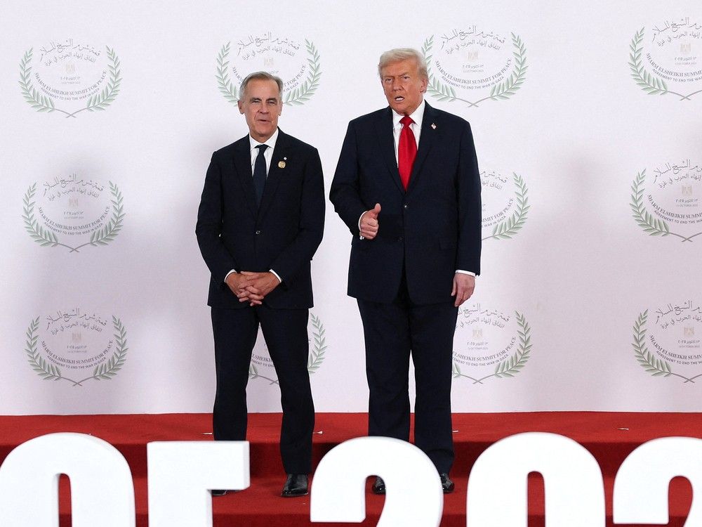 U.S. President Donald Trump and Canadian Prime Minister Mark Carney pose for a photo during a world leaders' summit on ending the Gaza war on October 13, 2025 in Sharm El-Sheikh, Egypt. U.S. President Donald Trump and Canadian Prime Minister Mark Carney pose for a photo during a world leaders' summit on ending the Gaza war on October 13, 2025 in Sharm El-Sheikh, Egypt.