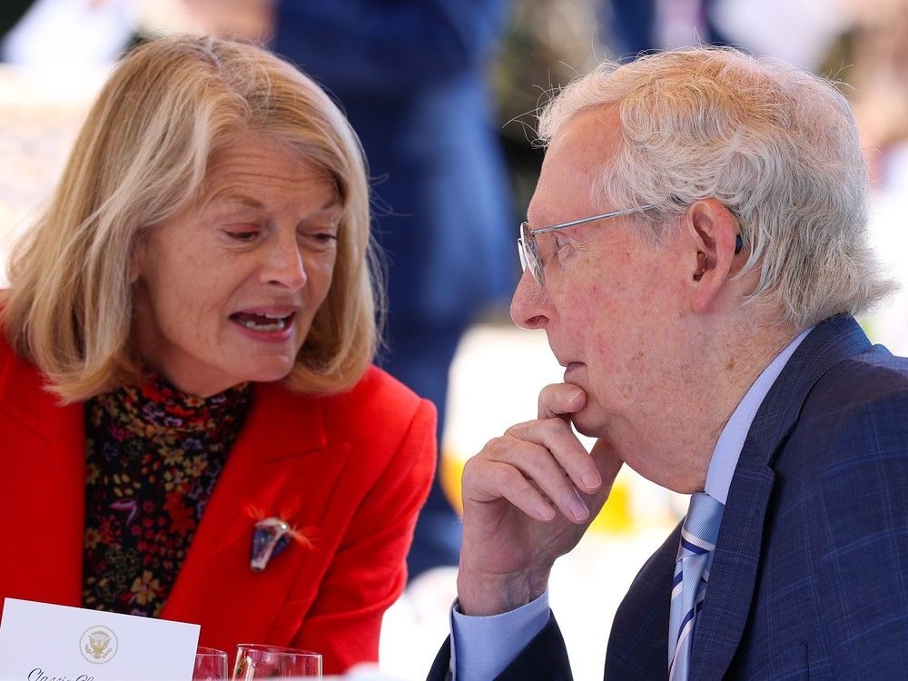     21শে অক্টোবর, 2025-এ হোয়াইট হাউসের রোজ গার্ডেনে মধ্যাহ্নভোজের সময় মার্কিন সিনেটর লিসা মুরকোস্কি (আর-একে) সিনেটর মিচ ম্যাককনেলের (আর-কেওয়াই) সাথে কথা বলছেন।