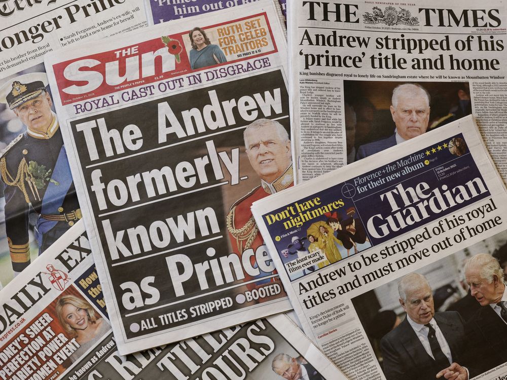  The front pages of most of Britain’s national newspapers are pictured in a spread created in London on Oct. 31, 2025.