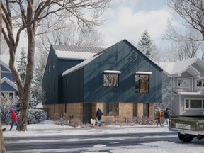 An artist's rendering of a blue building in a residential neighbourhood