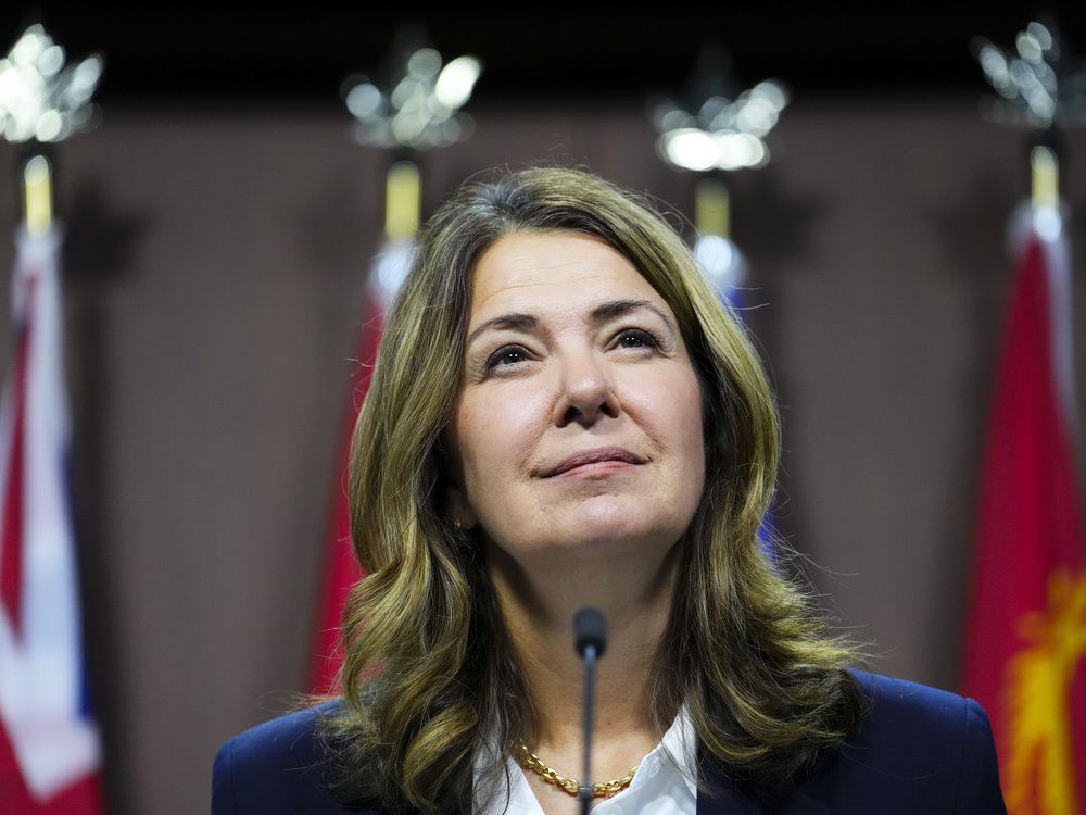Alberta Premier Danielle Smith is seen at a press conference on Parliament Hill in Ottawa on Tuesday, Oct. 7, 2025. 