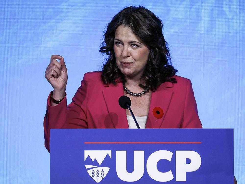  Leader Danielle Smith speaks to party members at the United Conservative Party annual meeting in Red Deer, Alta., Nov. 2, 2024.