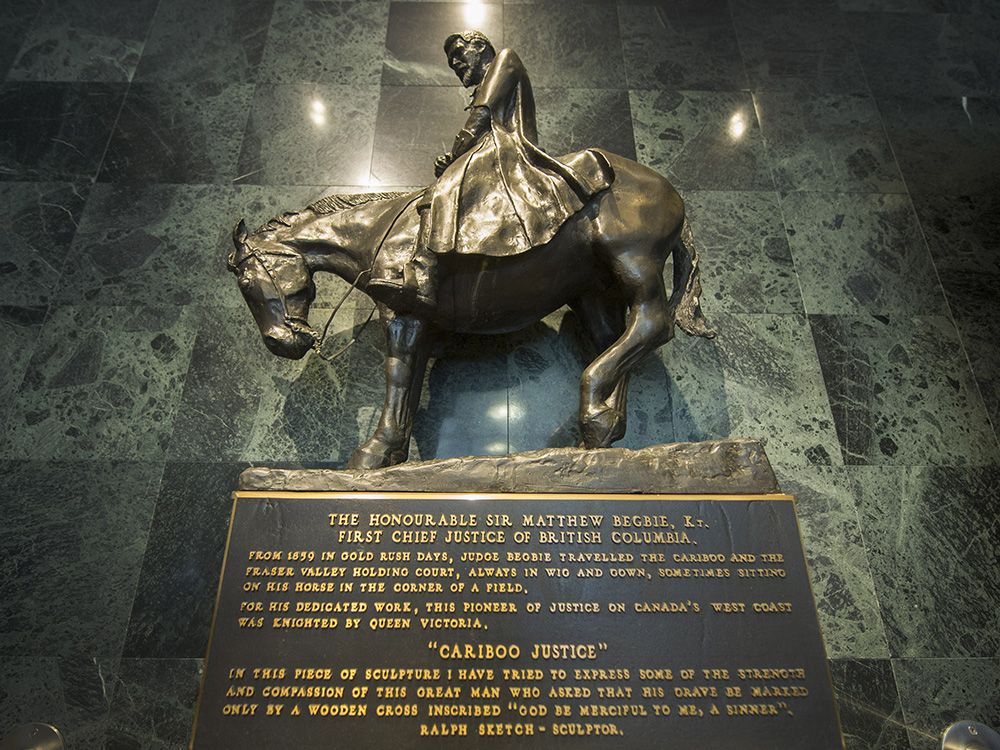  The statue of Matthew Begbie that once stood inside the lobby of the Law Society of British Columbia building in Vancouver.