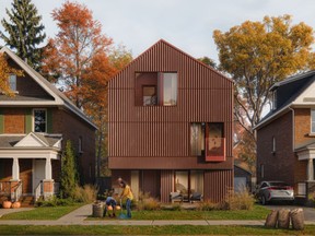 An artist's rendering of a brown home