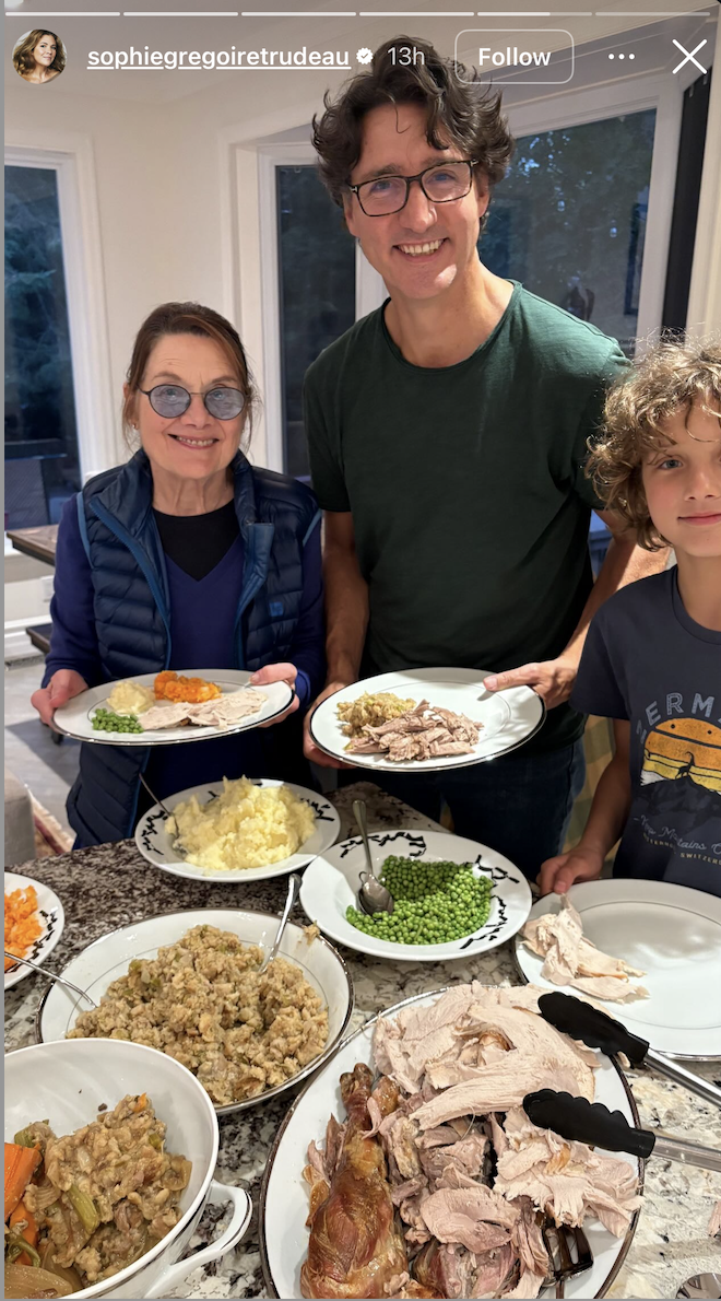 Sophie Grégoire Trudeau posted a photo on Instagram of her ex-husband, Justin Trudeau, enjoying a Thanksgiving dinner with family on Monday. Sophie Grégoire Trudeau posted a photo on Instagram of her ex-husband, Justin Trudeau, enjoying a Thanksgiving dinner with family on Monday.