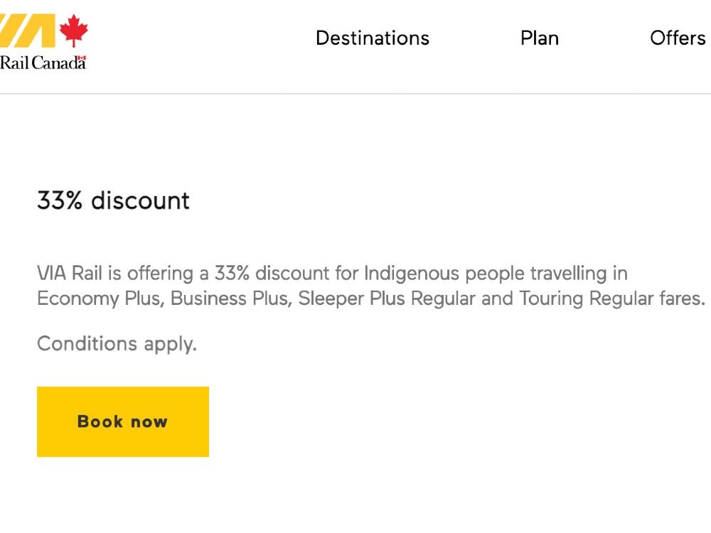 VIA Rail offers a 33 per cent discount for Indigenous travellers, it says on its website. VIA Rail offers a 33 per cent discount for Indigenous travellers, it says on its website.