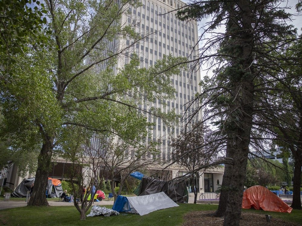 Makeshift shelters and tents are shown at Regina City Hall on June 19, 2023. Makeshift shelters and tents are shown at Regina City Hall on June 19, 2023.