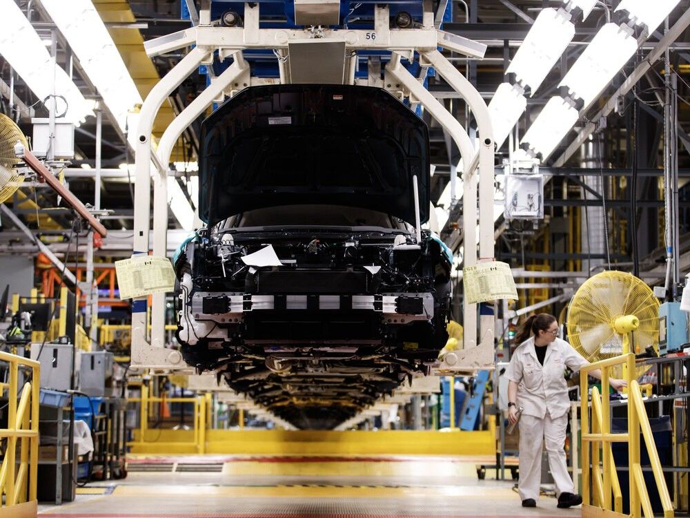 General view of production along the Honda CRV production line is shown during a tour of a Honda manufacturing plant in Alliston, Ont., Wednesday, Apr. 5, 2023.