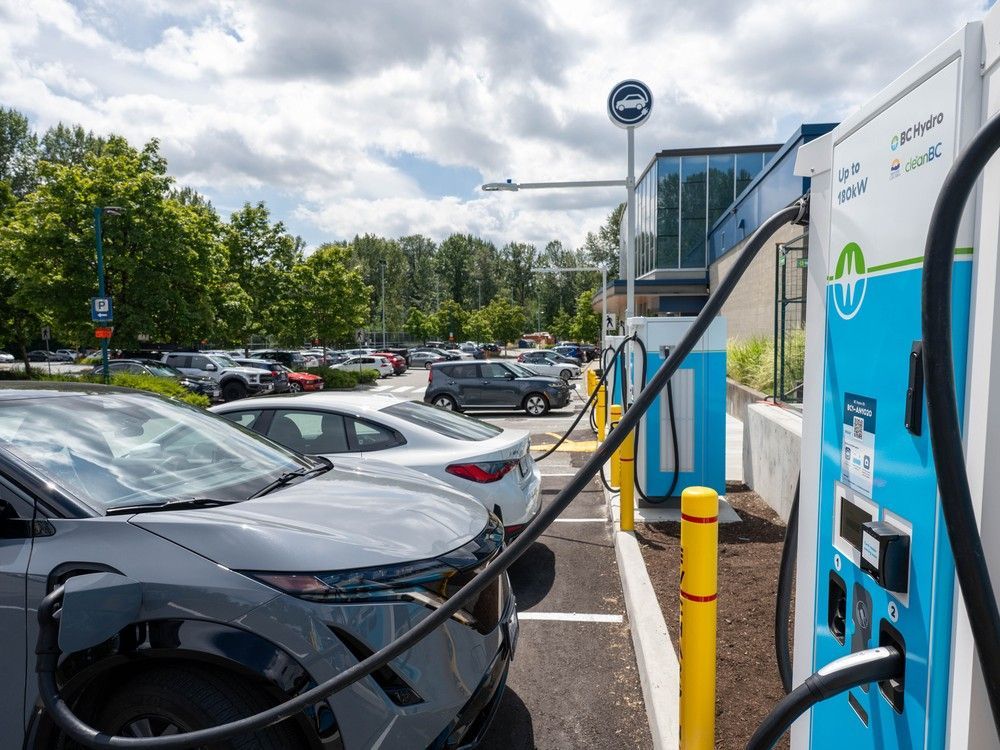 A B.C. Hydro EV charging station located outside the Port Moody Recreation Complex with several electric vehicles plugged in and using the charging ports. A B.C. Hydro EV charging station located outside the Port Moody Recreation Complex with several electric vehicles plugged in and using the charging ports.