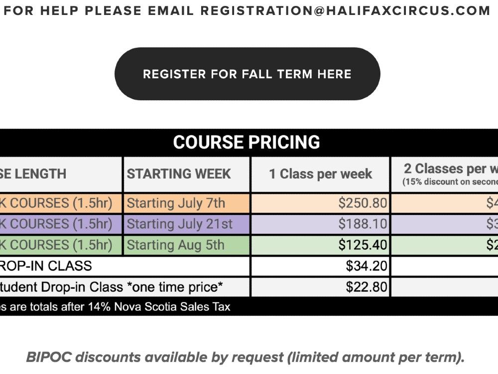 The BIPOC community can request a discount for classes at Halifax Circus. The BIPOC community can request a discount for classes at Halifax Circus.