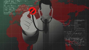 Illustration for investigative report on doctors crossing borders to leave behind professional trouble.