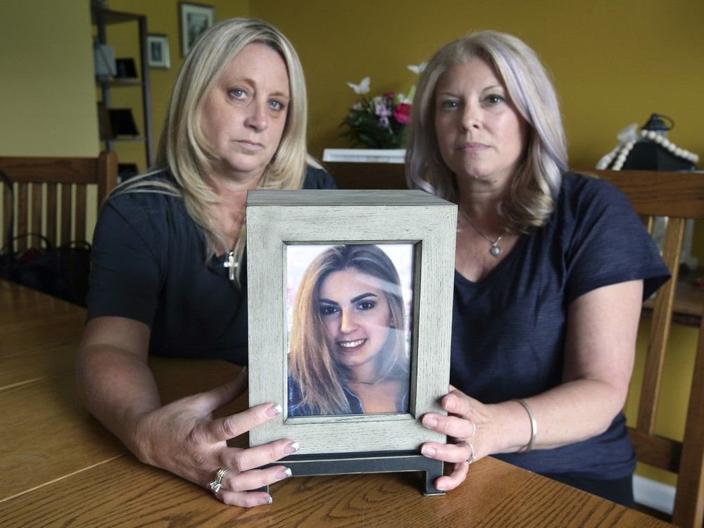 Juliana Pannunzio’s step mother Shellie Pannunzio, left, and mother Lisa Mulcaster pose with an urn of her ashes on Thursday, July 8, 2021.  Juliana Pannunzio’s step mother Shellie Pannunzio, left, and mother Lisa Mulcaster pose with an urn of her ashes on Thursday, July 8, 2021.