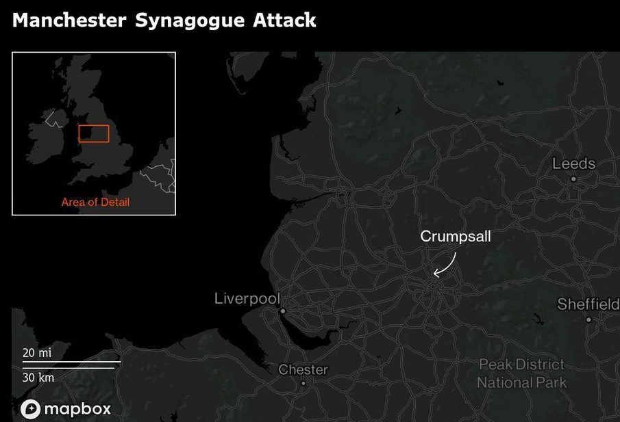 A map shows where an attack took place at a synagogue in Manchester on Oct. 2, 2025. A map shows where an attack took place at a synagogue in Manchester on Oct. 2, 2025.