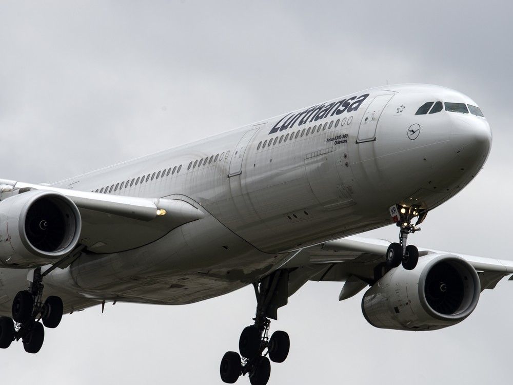 A Lufthansa Airlines flight prepares to land at Toronto Pearson International Airport in 2021.