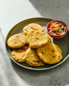 Pupusas con curtido, filled masa flatbreads with cabbage slaw