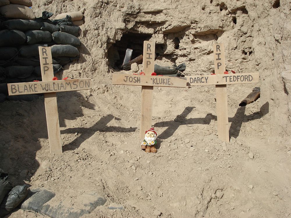  Memorial crosses were posted for the 2 soldiers, Sergeant Darcy Tedford and Private Blake Williamson, killed during the attack on Strong Point Centre. A third memorial cross was posted for Joshua James Klukie, who was killed on patrol by an IED days earlier.