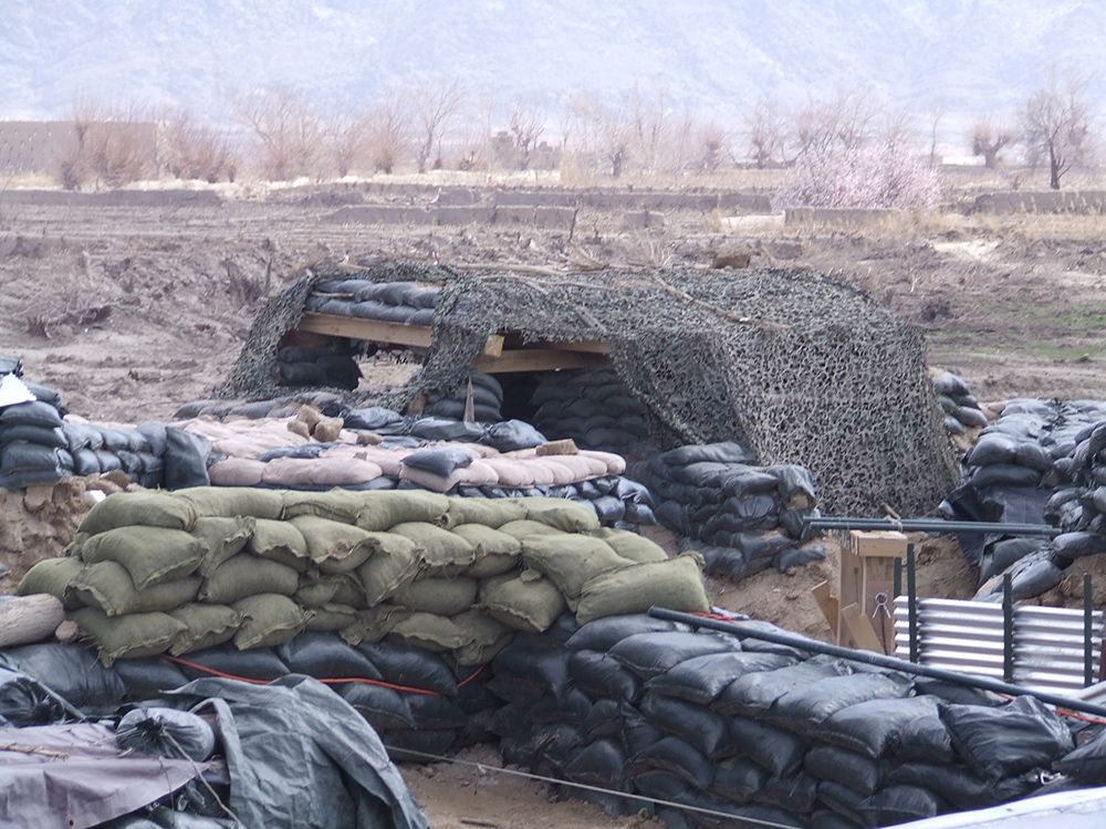  The observation post Private Jess Larochelle manned alone during the attack on Strong Point Centre on October 14, 2006 in Kandahar Province was reinforced with sandbags and overhead cover.