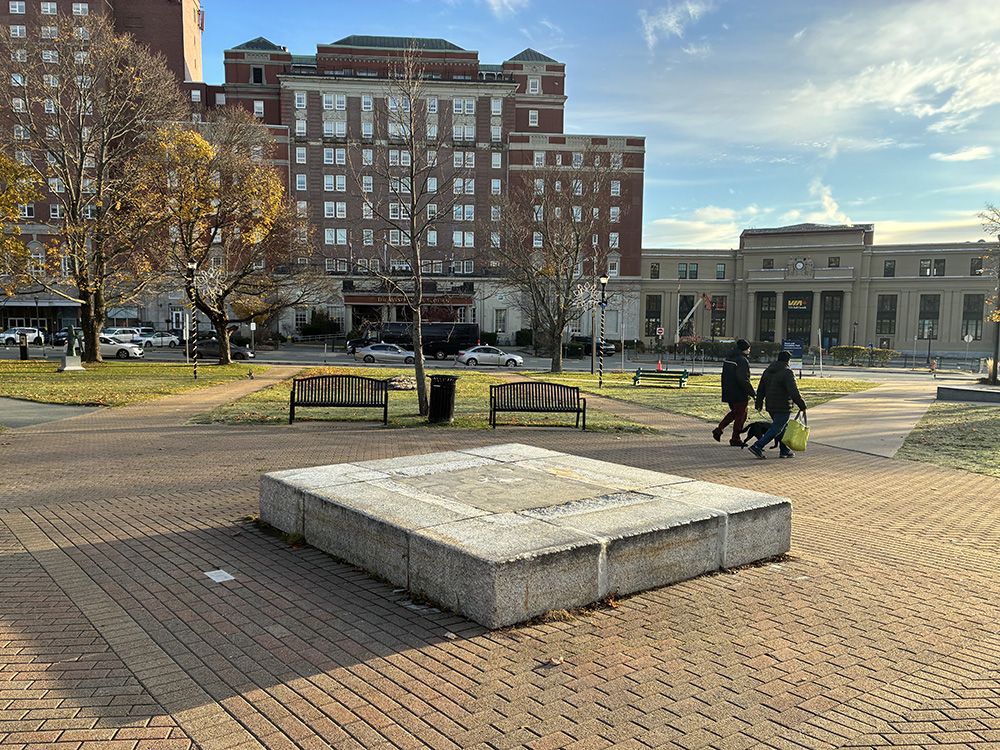  The podium where a statue of Halifax founder Edward Cornwallis used to stand in what is now Peace and Friendship park (formerly named for Cornwallis) in Halifax.