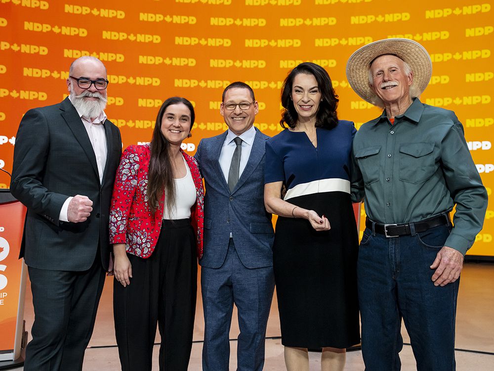 NDP leadership candidates, from left: Rob Ashton, Tanille Johnston, Avi Lewis, Heather McPherson and Tony McQuail, following the NDP French language leadership debate in Montreal on Thursday, November 27, 2025. NDP leadership candidates, from left: Rob Ashton, Tanille Johnston, Avi Lewis, Heather McPherson and Tony McQuail, following the NDP French language leadership debate in Montreal on Thursday, November 27, 2025.