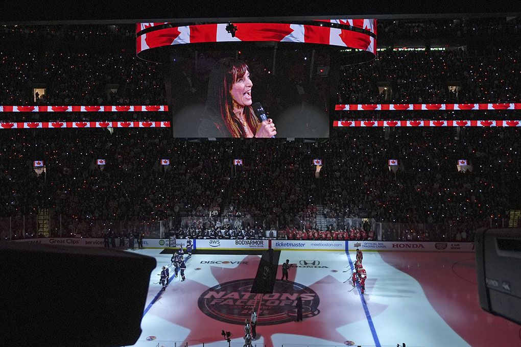 Chantal Kreviazuk performs O Canada before the 4 Nations Face-Off in Boston on Feb. 20, 2025.