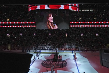 Chantal Kreviazuk performs O Canada before the 4 Nations Face-Off in Boston on Feb. 20, 2025.