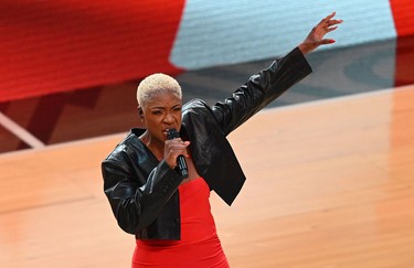 Jully Black sings O Canada before the NBA All-Star game in Salt Lake City, Utah, on Feb. 19, 2023.