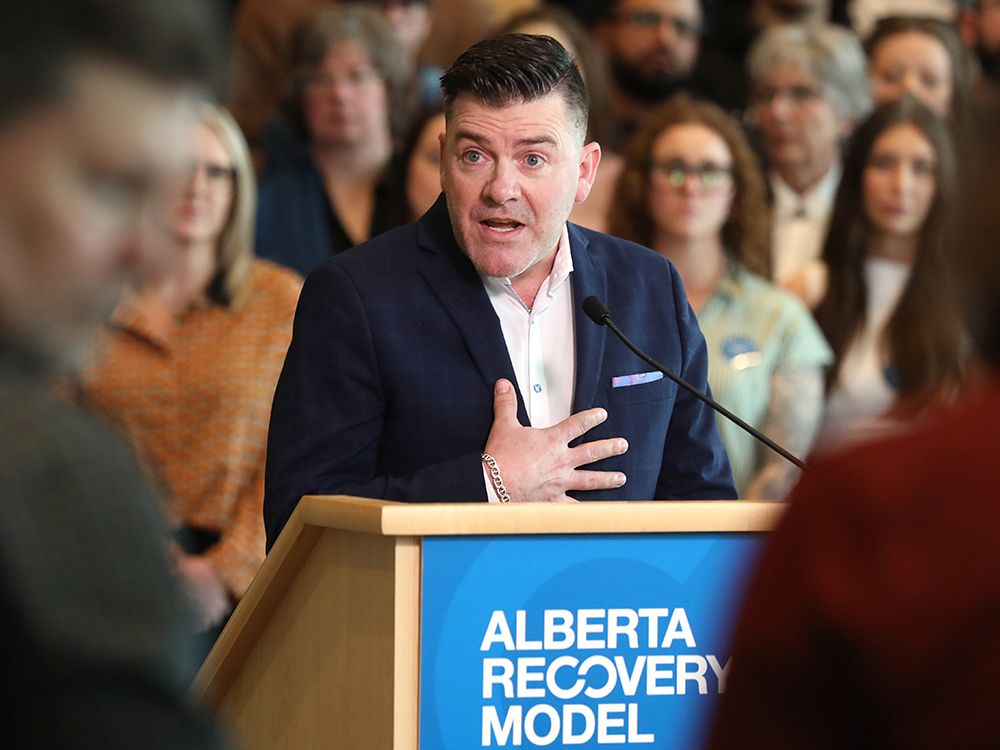  “For our most severe individuals, it’s imperative that we intervene,” says Dr. Rob Tanguay, head of Alberta’s drug-recovery agency, seen here at a news conference in Edmonton on April 15, 2025.