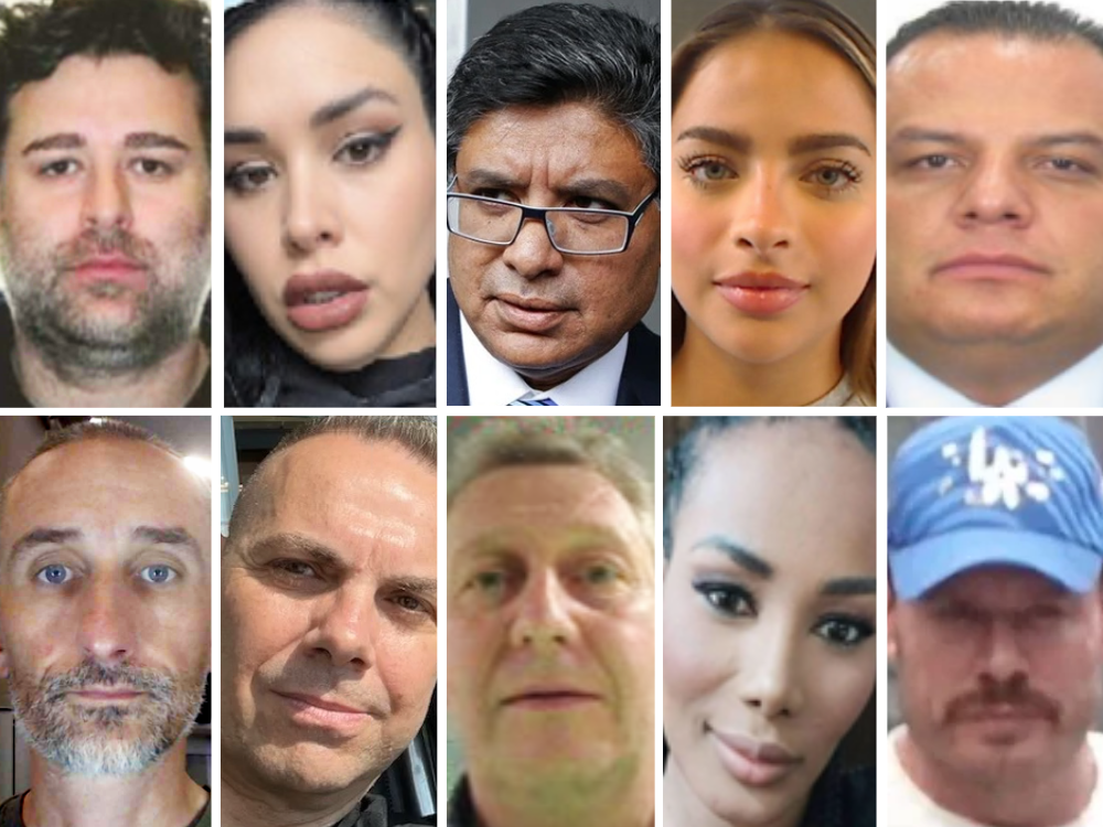 “The Enablers”: (Top, left to right) The Bookkeeper Rolan Sokolovski; The Wife Miryam Andrea Castillo Moreno; The Lawyer Deepak Paradkar; The Girlfriend Daniela Alejandra Acuna Macias; The General Edgar Aaron Vazquez Alvarado. Bottom, left to right) The Soldier Gianluca Tiepolo; The Businessmen Cristian Diana and John Fallon; The Madame Carmen Yelinet Valoyes Florez; and The Boss Ryan Wedding, according to U.S. allegations. 