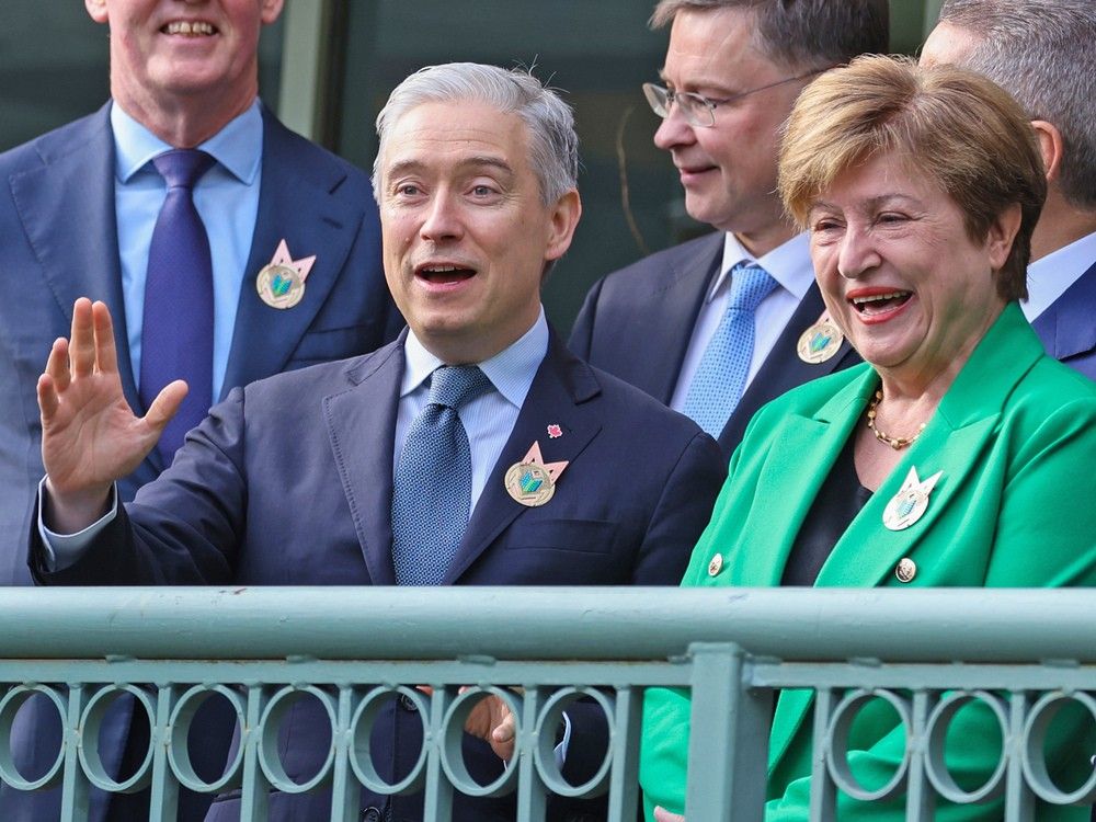 Canada's Finance Minister Francois-Philippe Champagne and managing director of the International Monetary Fund Kristalina Georgieva at the G7 Finance Ministers and Central Bank Governors' Meeting at the Rimrock Resort Hotel in Banff on Wednesday May 21, 2025. Canada's Finance Minister Francois-Philippe Champagne and managing director of the International Monetary Fund Kristalina Georgieva at the G7 Finance Ministers and Central Bank Governors' Meeting at the Rimrock Resort Hotel in Banff on Wednesday May 21, 2025.