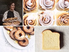 Clockwise from top left: author Aran Goyoaga, gluten-free cinnamon buns, quickest buttery brioche and vanilla-glazed doughnuts