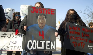 On Feb. 12, 2018, people protest in front of the courthouse in London, Ont., protest the verdict in the 2016 shooting death of Colten Boushie of Saskatchewan.