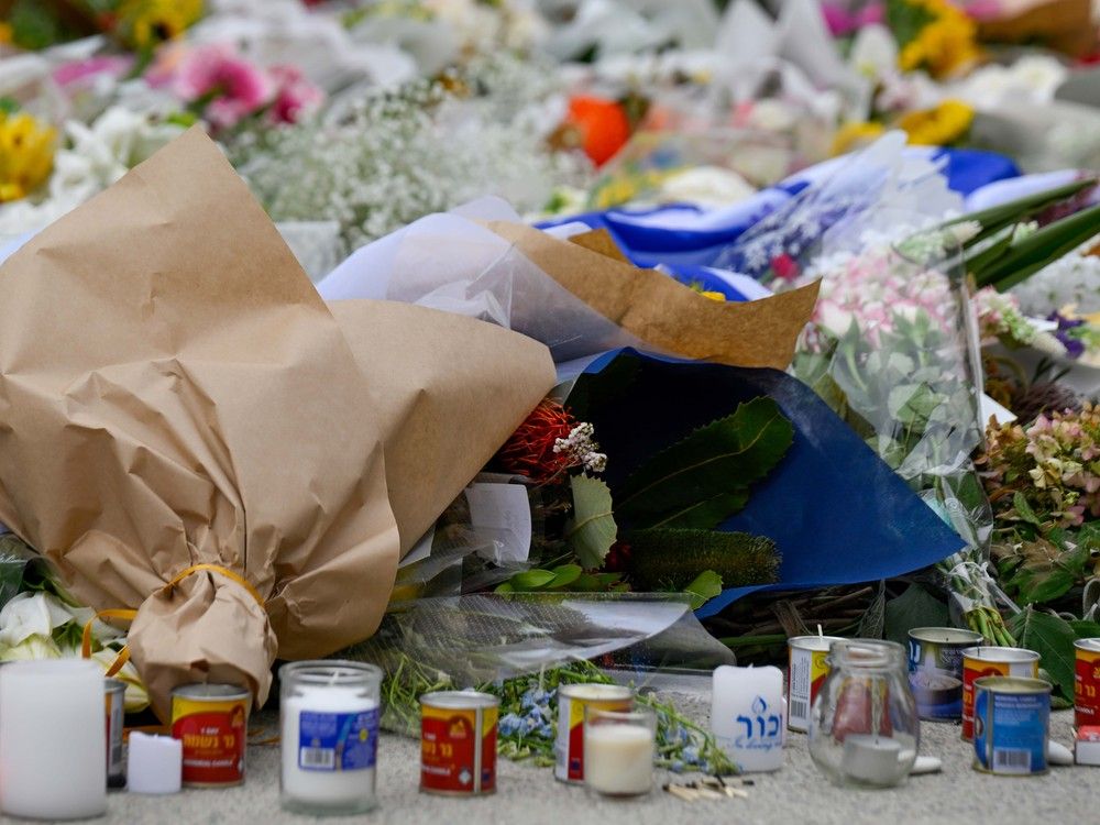  Flowers are laid at Bondi Pavilion in tribute to the victims of a terrorist attack yesterday, on December 15, 2025 in Sydney, Australia.