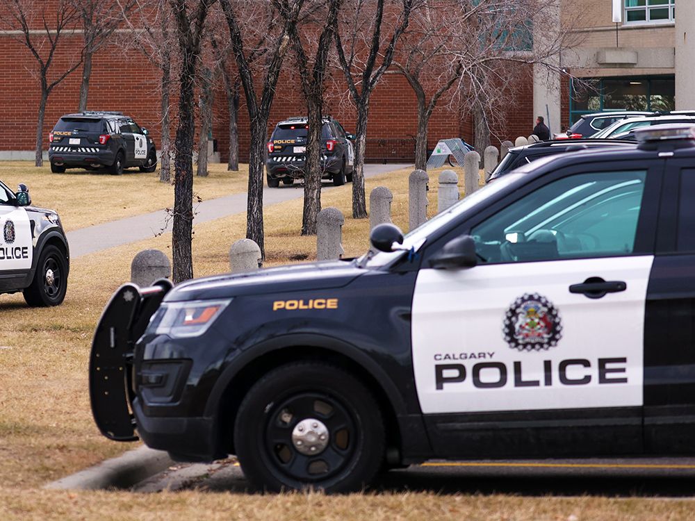  Police cars outside a Calgary high school following a stabbing incident.