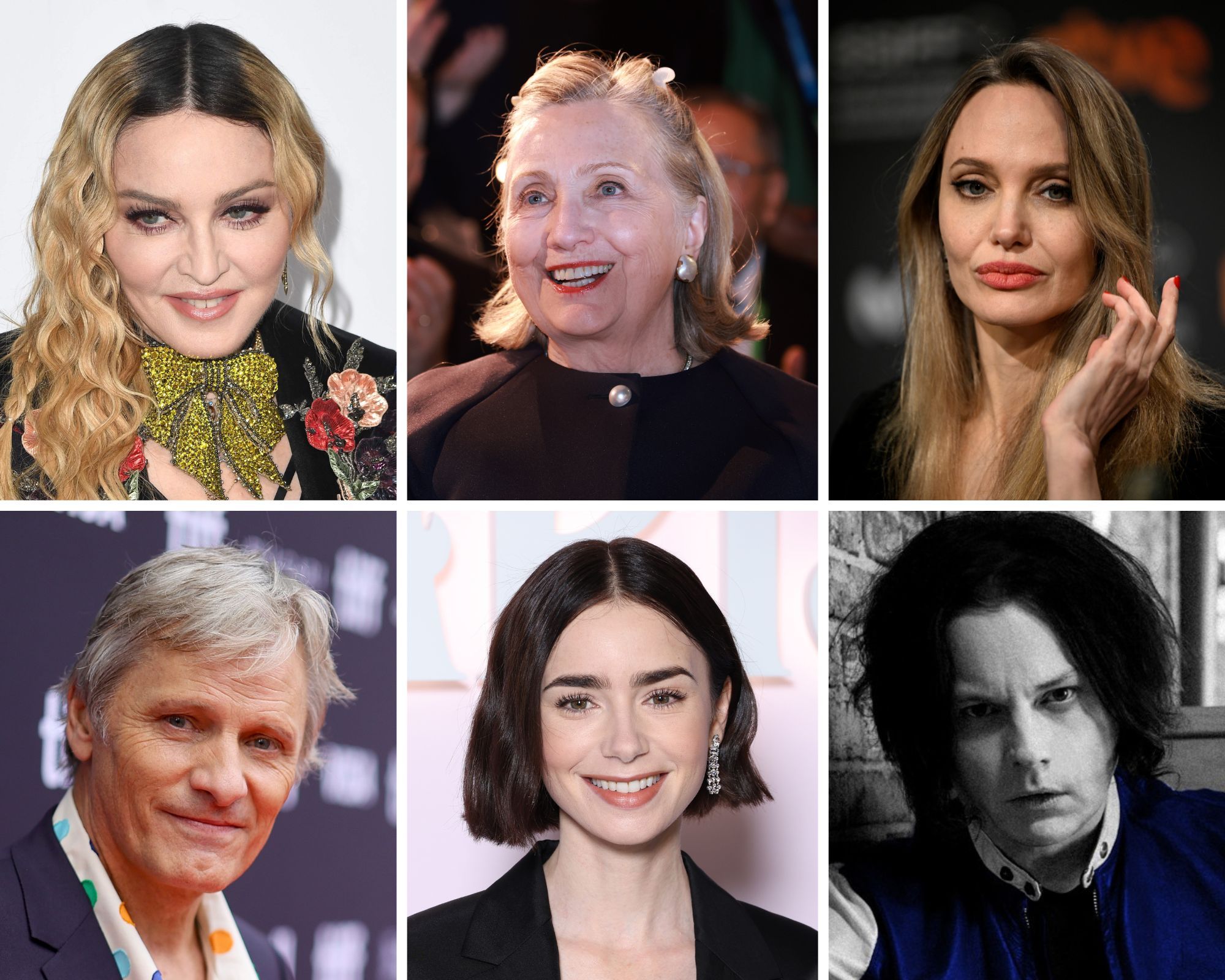 Among the celebrities who could become citizens thanks to Bill C-3 are, clockwise from the left, Madonna, Hillary Clinton, Angelina Jolie, Viggo Mortensen, Lily Collins, and Jack White. 