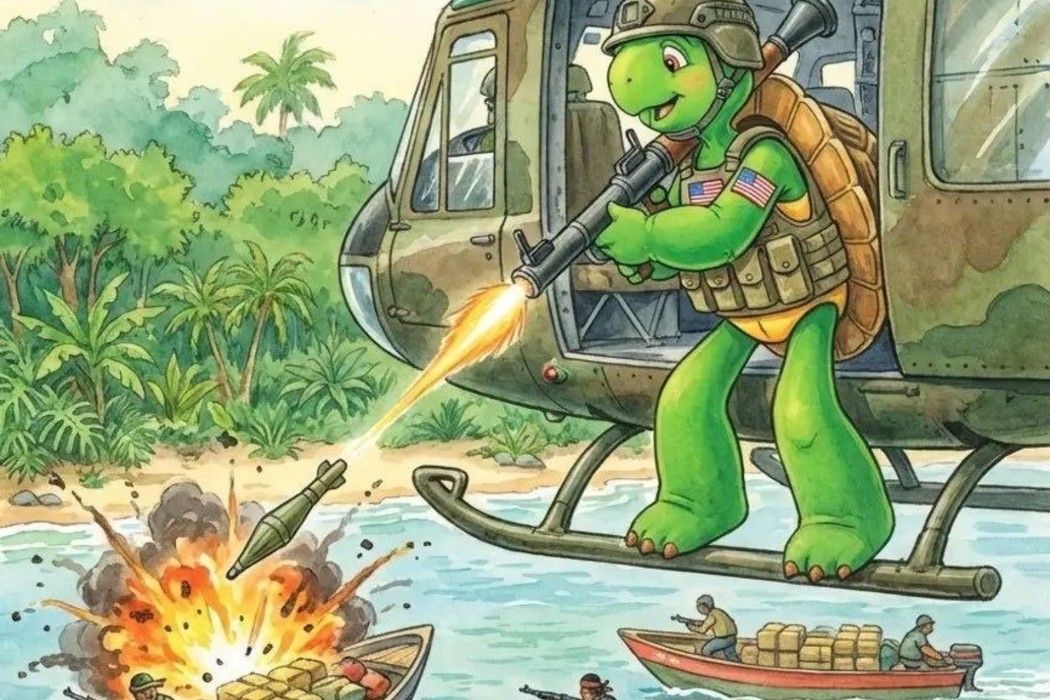 In Pete Hegseth's doctored image, Franklin the Turtle, decked out in U.S. military garb, is seen firing a rocket launcher at small vessels ferrying armed individuals and cargo.