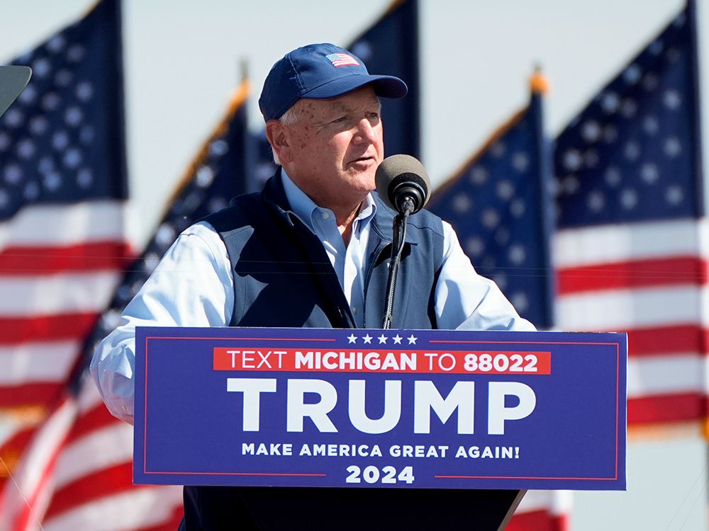 Pete Hoekstra, then Michigan Republican Party chairman, speaks at a Donald Trump campaign rally in Freeland, Mich., May 1, 2024. Pete Hoekstra, then Michigan Republican Party chairman, speaks at a Donald Trump campaign rally in Freeland, Mich., May 1, 2024.
