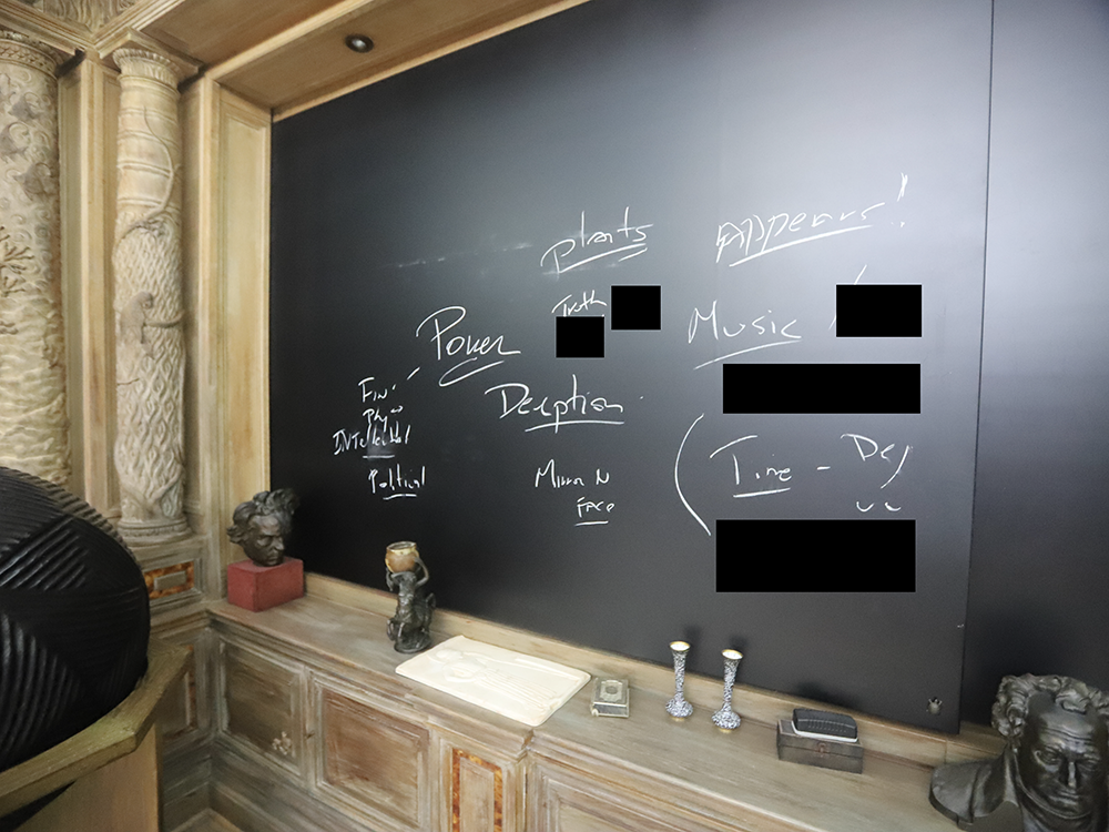  This redacted image of a blackboard shows words that include “power” and “deception.”
