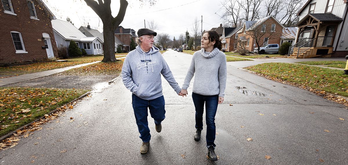 Chad and Ruth Nikiforow walk near their home in Owen Sound, Ont., a community with homelessness and drug addiction.