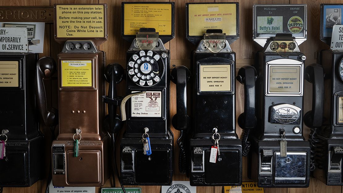 Vintage payphones at The Old Telephone Room in Belleville, Ontario, in November 2025.