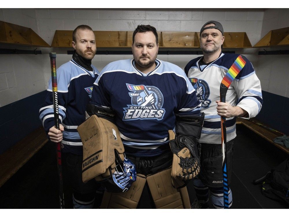 Cutting Edges president and goalie Kyle McCarthy (centre) with teammates Brett Hagardt (left) and Reid Hearsum at Burnaby 8-Rinks. The Cutting Edges Hockey Association is made up of more than 100 LGBTQ+ players ranging in age from 19-65, and is a first-of-its-kind in Western Canada.