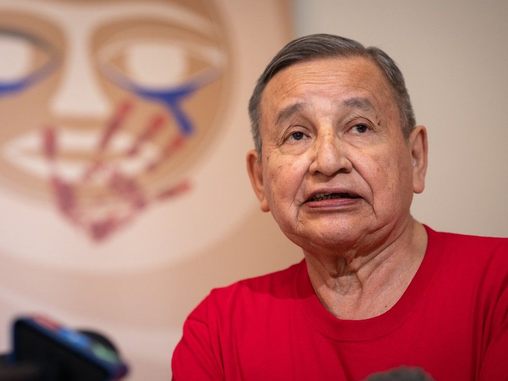  Grand Chief Stewart Phillip speaks during a news conference at Justice for Girls in Vancouver on May 5, 2025.