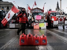 Hundreds of truck drivers and their supporters block the streets of downtown Ottawa as part of a convoy of protesters against COVID-19 mandates in Canada on February 09, 2022 in Ottawa, Ontario.