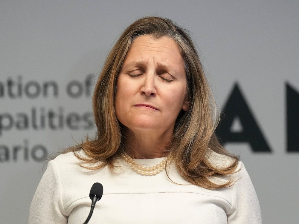 Deputy Prime Minister  Chrystia Freeland  faces questions from journalists at an availability in Toronto, on Monday, June 25, 2024.