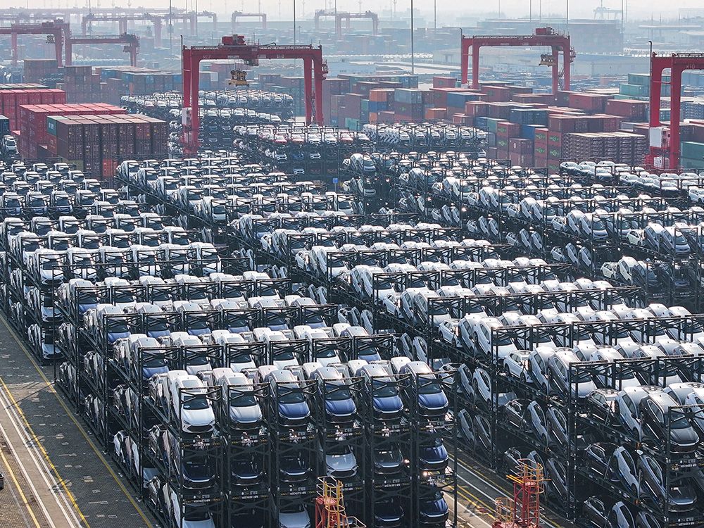  BYD electric cars waiting to be loaded onto a ship are seen stacked at Taicang Port in Suzhou, China.