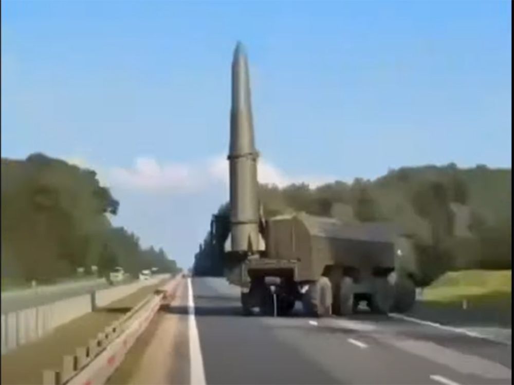  Photo taken by bystanders of Iskander intermediate-range ballistic missiles on a highway 19 kilometres from the Polish border during a Russian military exercise in Kaliningrad last year. The Iskander is capable of carrying conventional or nuclear warheads. The photo was obtained by a group of private analysts documenting Russian military buildup in Eastern Europe.